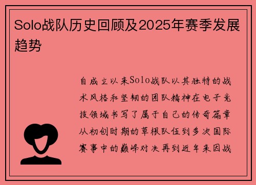Solo战队历史回顾及2025年赛季发展趋势